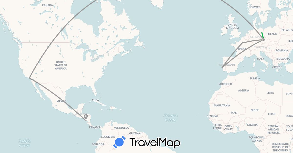 TravelMap itinerary: driving, bus, plane in Czech Republic, Germany, France, Nicaragua, Portugal, United States (Europe, North America)